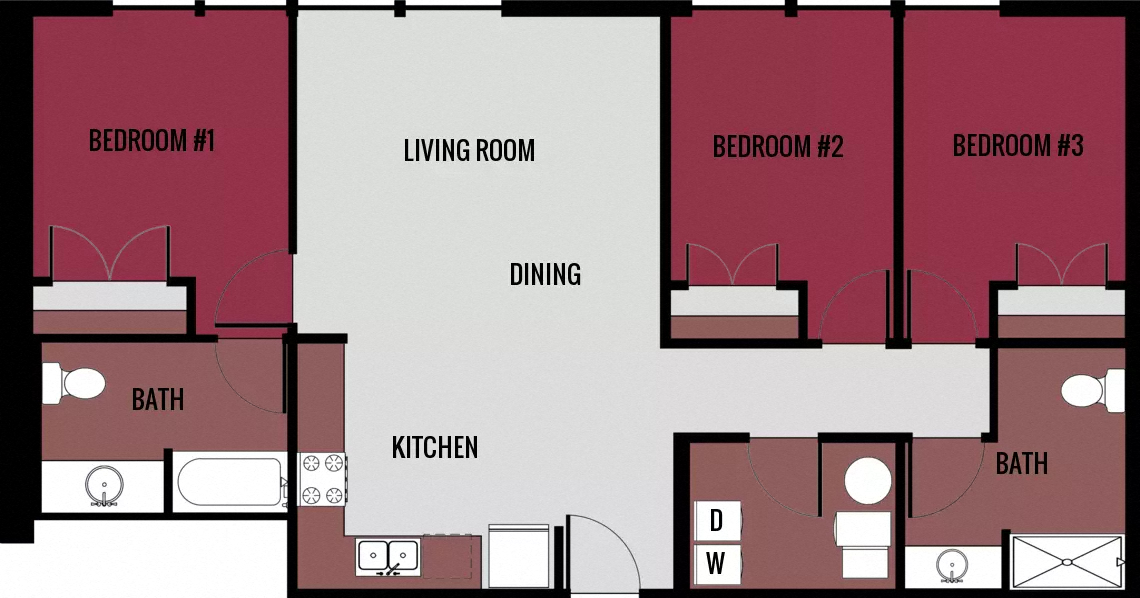 Floor plan for 3 beds, 1 bath, 1399 sqft